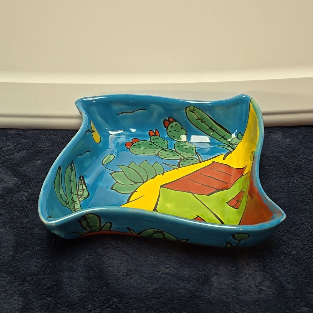 Mexican Hand Painted Cactus Salsa Dish Lead Free Folk Art Pottery